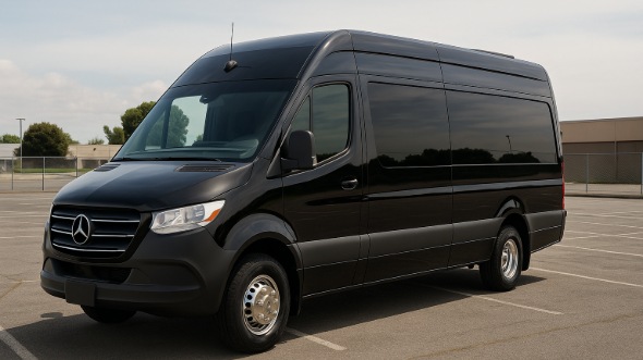 Exterior of Charter Bus Company Highland's 14 Passenger Sprinter Limousine in Highland