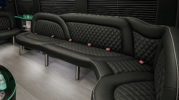 Interior of Charter Bus Company Rancho Cucamonga's 15 Passenger Party Bus in Rancho Cucamonga